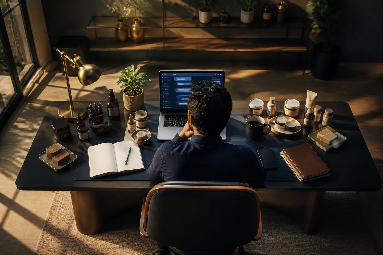Indian D2C brand founder researching AI product visibility on laptop surrounded by product samples