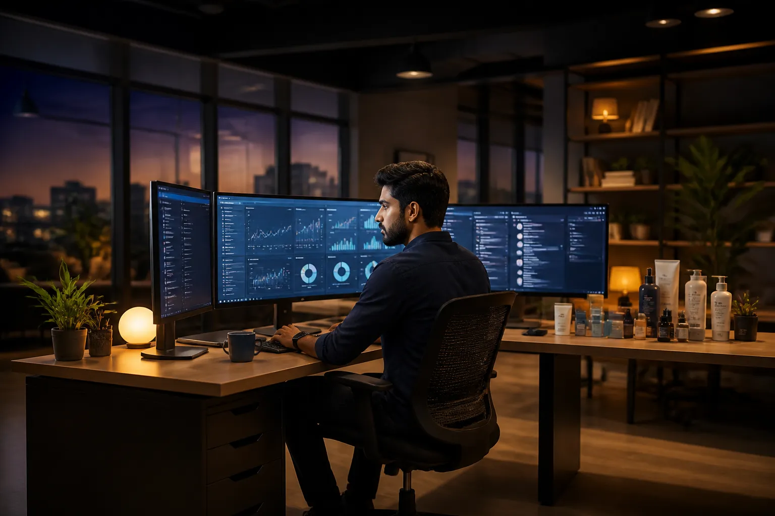 Modern Indian D2C brand workspace with analytics dashboards and product samples at dusk