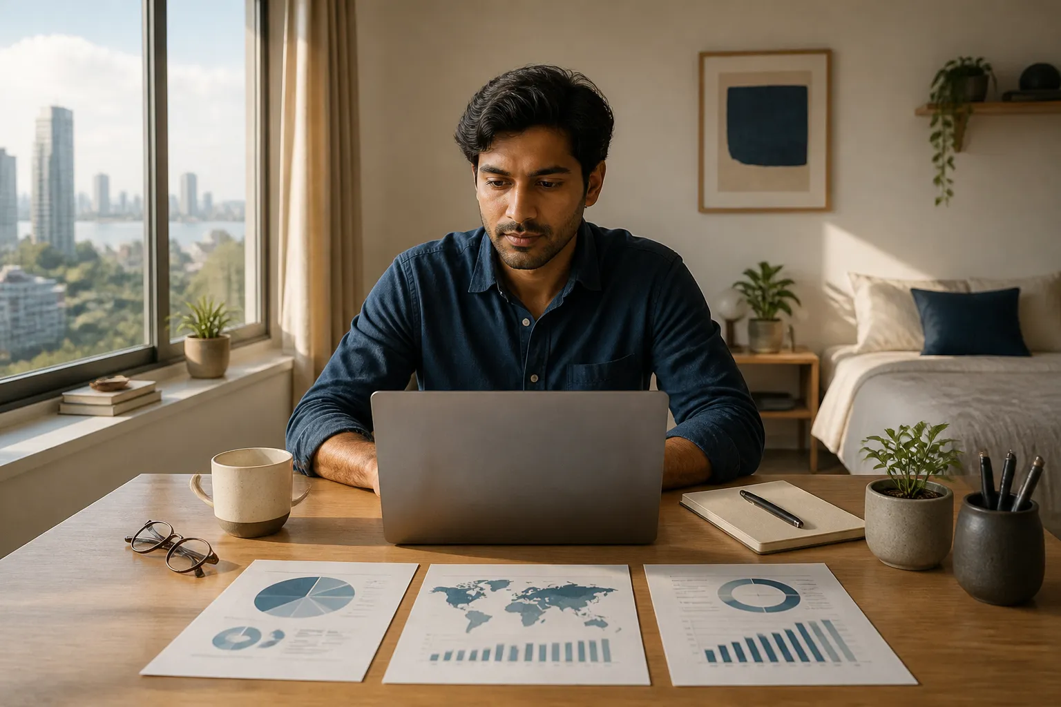 Printed research deliverables and laptop on a clean founder's desk