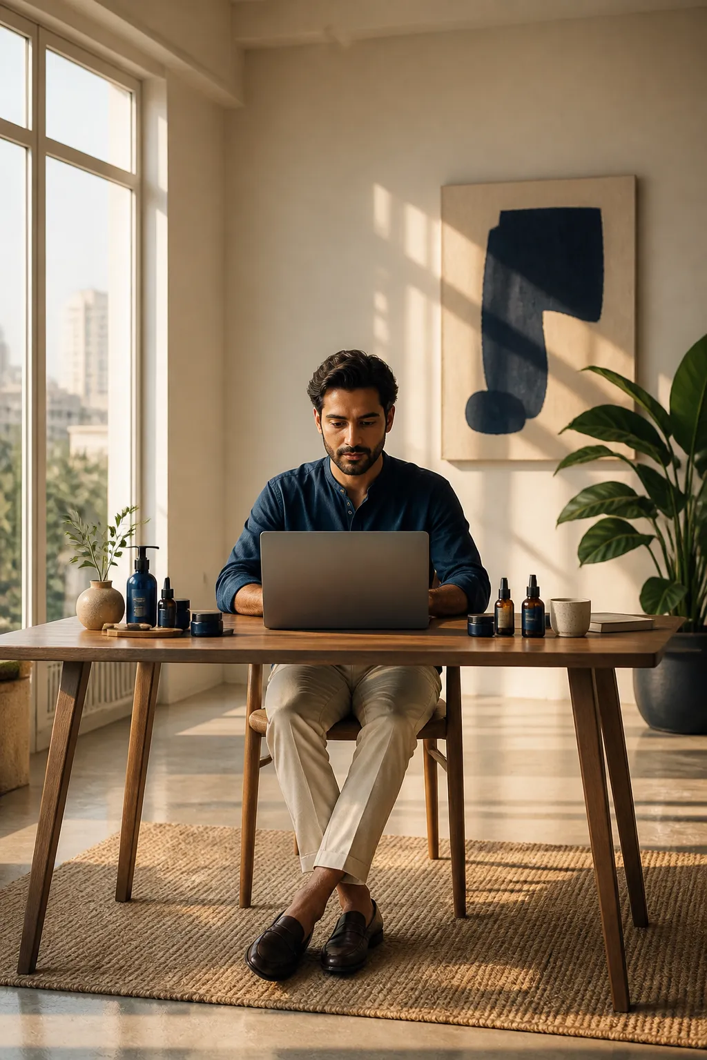 Growth-stage Indian D2C brand founder reviewing AI discovery data